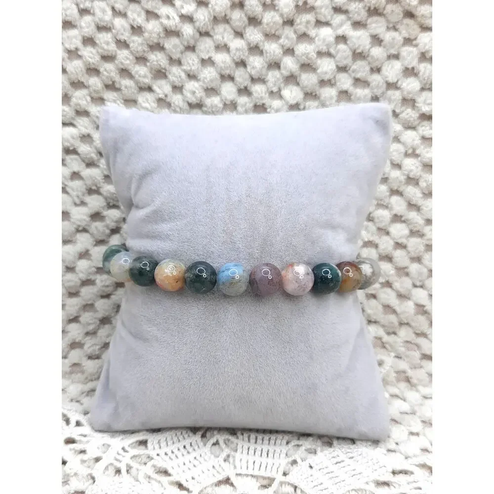 Natural Indian Agate Bracelet Multi-Color Beaded Stretch Earthy Tone Unisex Boho